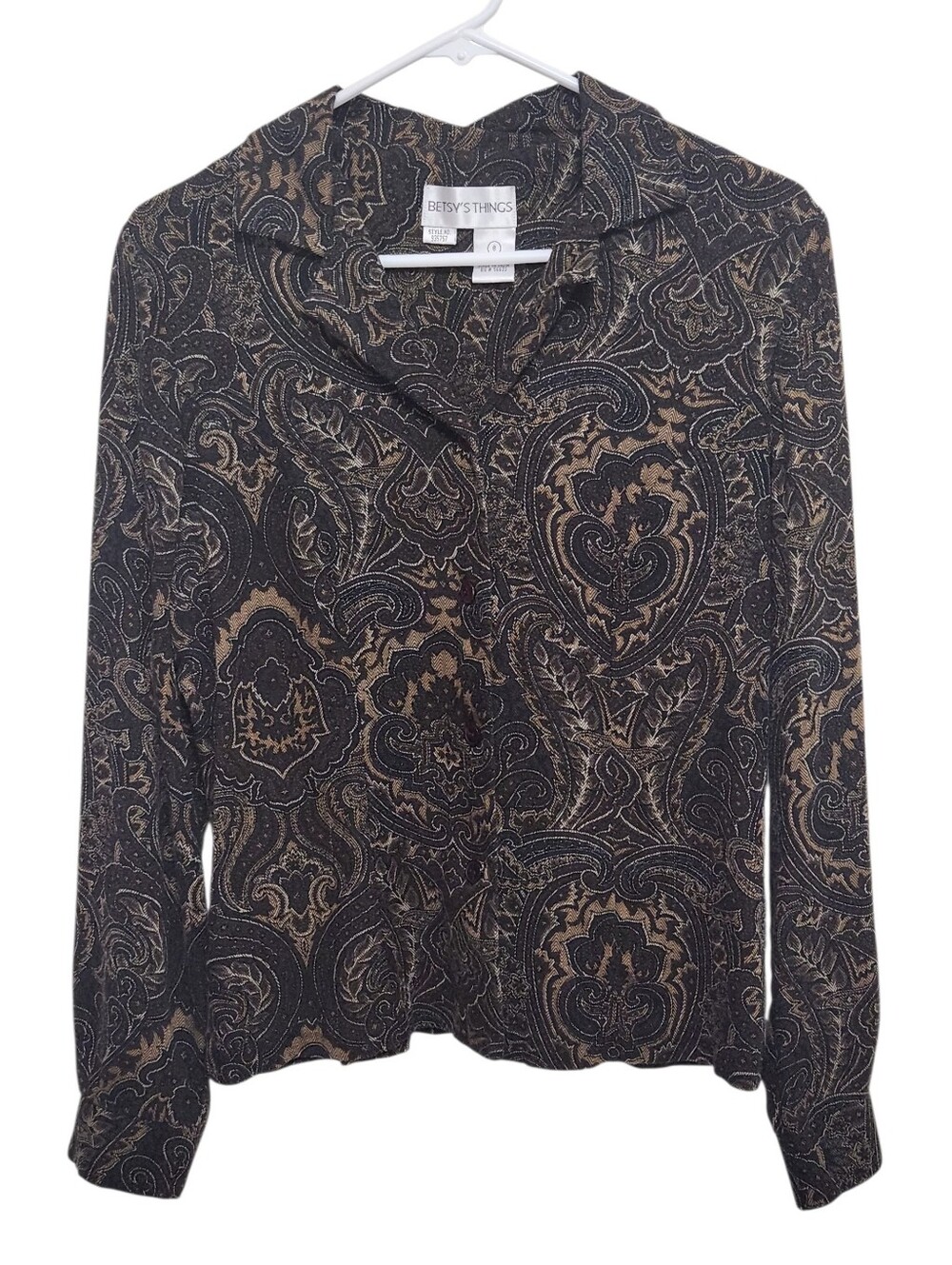 Betsy's Things Vintage Women’s Black On Brown Paisley Long Sleeve Blouse